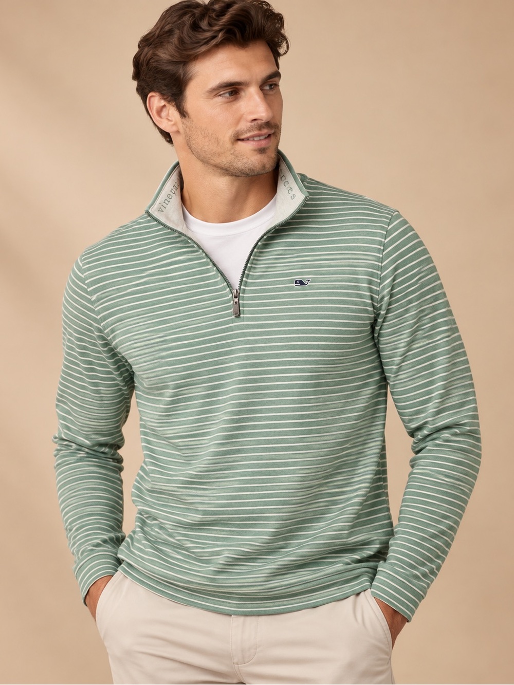 Vineyard Vines Green Striped Quarter Zip Pullover Size Medium